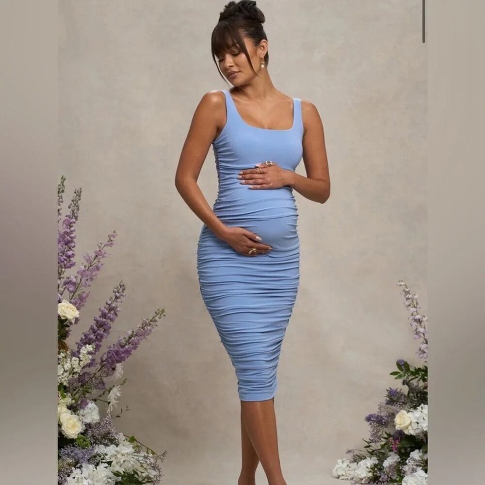 Club L Lisbon Powder Blue Maternity Square Neck Ruched Midi Dress 4